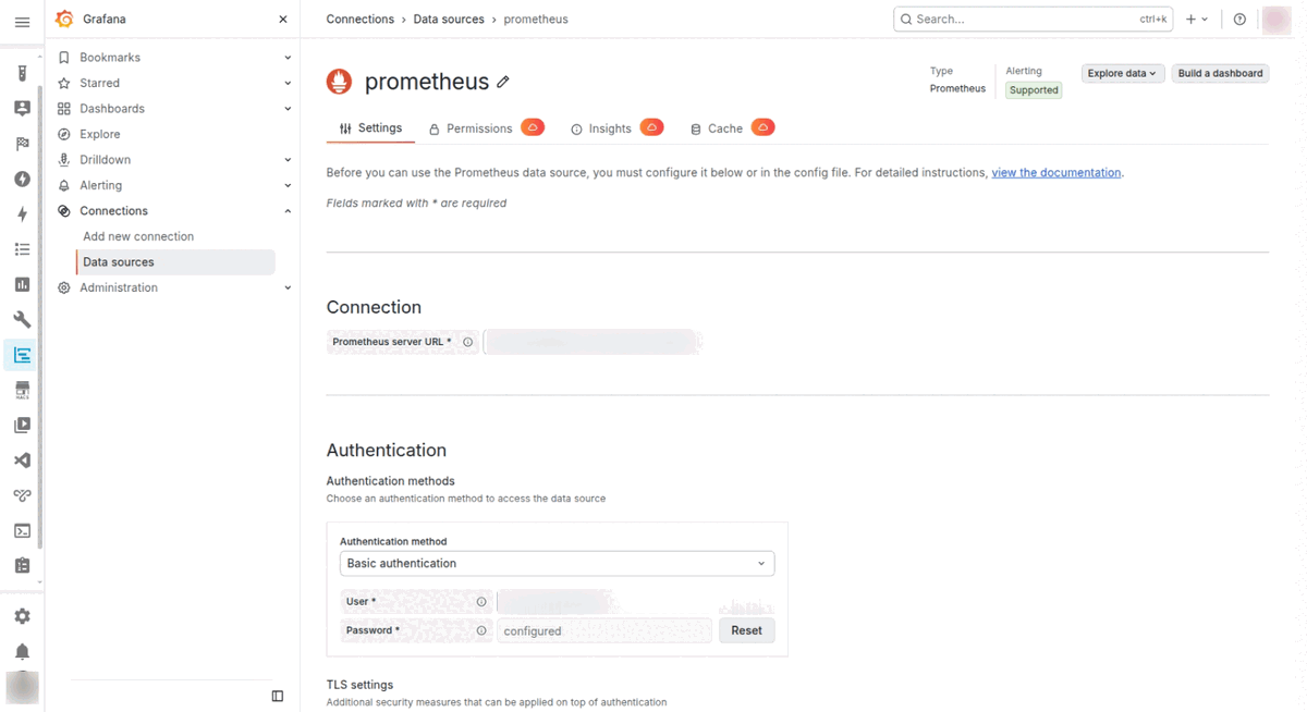 Grafana data source settings page showing the Prometheus type with basic authentication enabled; the server URL and username are blurred